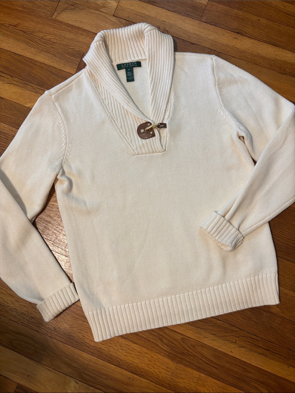 Lauren Ralph Lauren Cream Shawl-Collar V-Neck Toggle Sweater